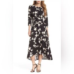 Maggy London Black Pink and White Floral Fit and Flare Asymmetrical Dress NWOT